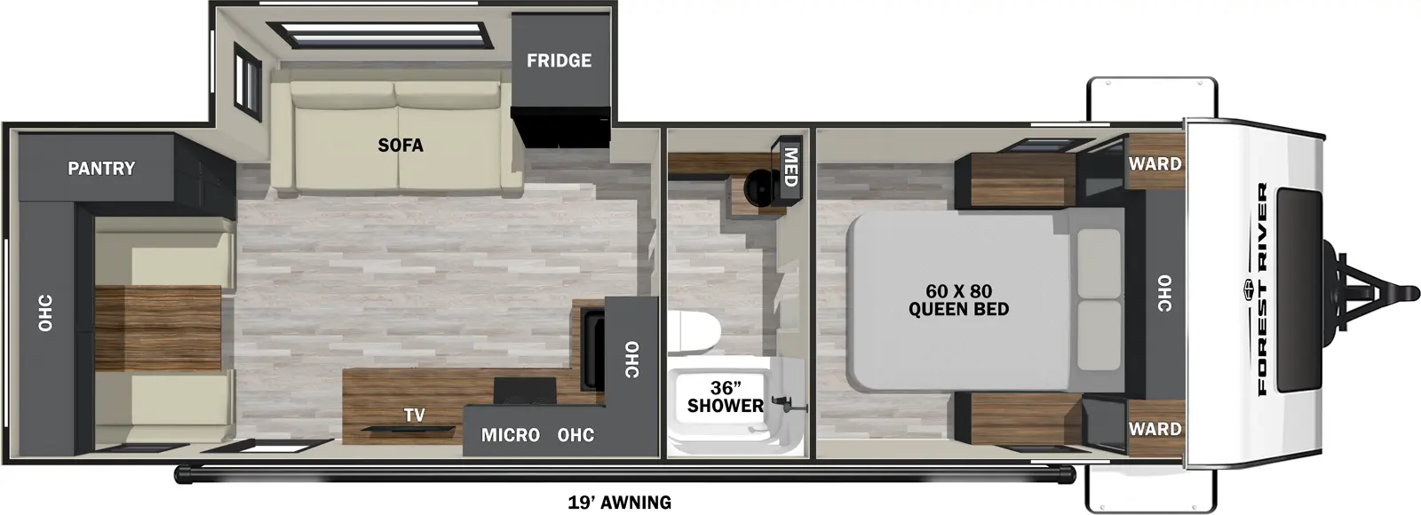 The 25RLSS has one slideout and one entry. Exterior features a 19 foot awning. Interior layout front to back: foot-facing queen bed with overhead cabinet and wardrobes on each side; full pass-thru bathroom with medicine cabinet; off-door side slideout with refrigerator and sofa; kitchen counter with sink and overhead cabinet wraps from inner wall to door side with microwave, cooktop, TV, and entry; rear dinette with overhead cabinet and pantry.